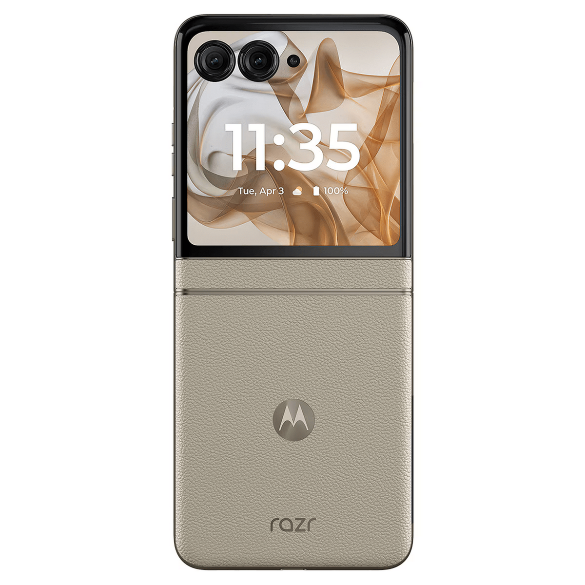 Składany telefon, otwarty. Wyświetla ekran z godziną i logo, na zewnątrz beżowy.