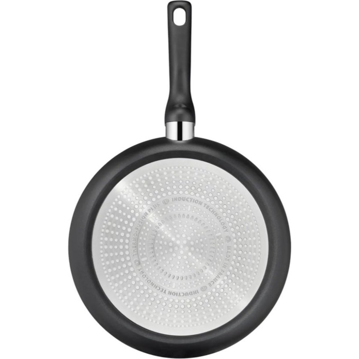Black frying pan with a silver interior and a black handle.