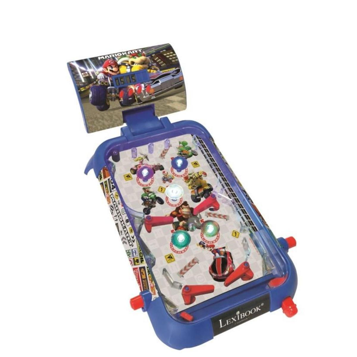 Máquina de pinball azul con tema de Mario Kart, mostrando el tablero y los personajes.