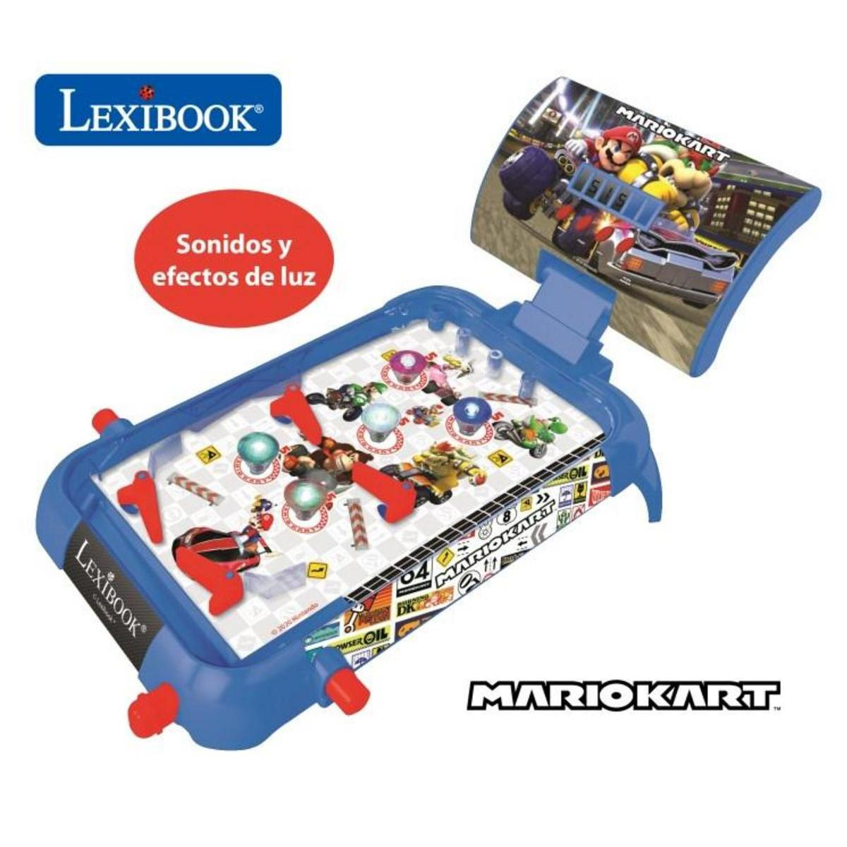 Juego de pinball de Mario Kart. Presenta personajes, un campo de juego azul y aletas rojas. Incluye el logo de Lexibook.