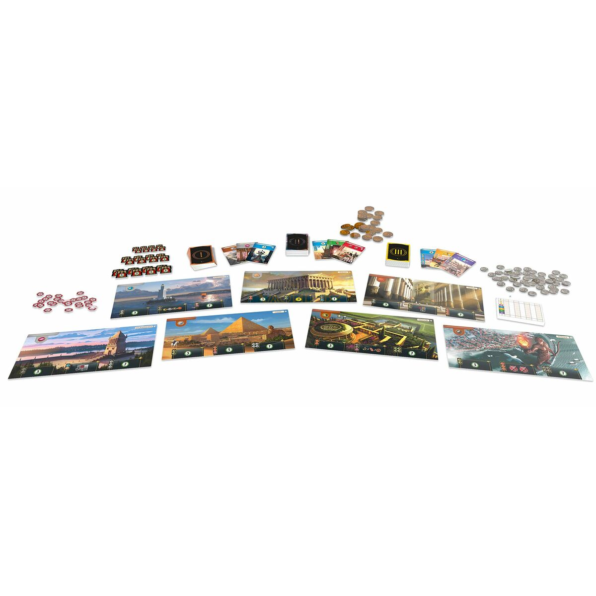 Juego de mesa con varios tableros, cartas, fichas y monedas, montado sobre una superficie.