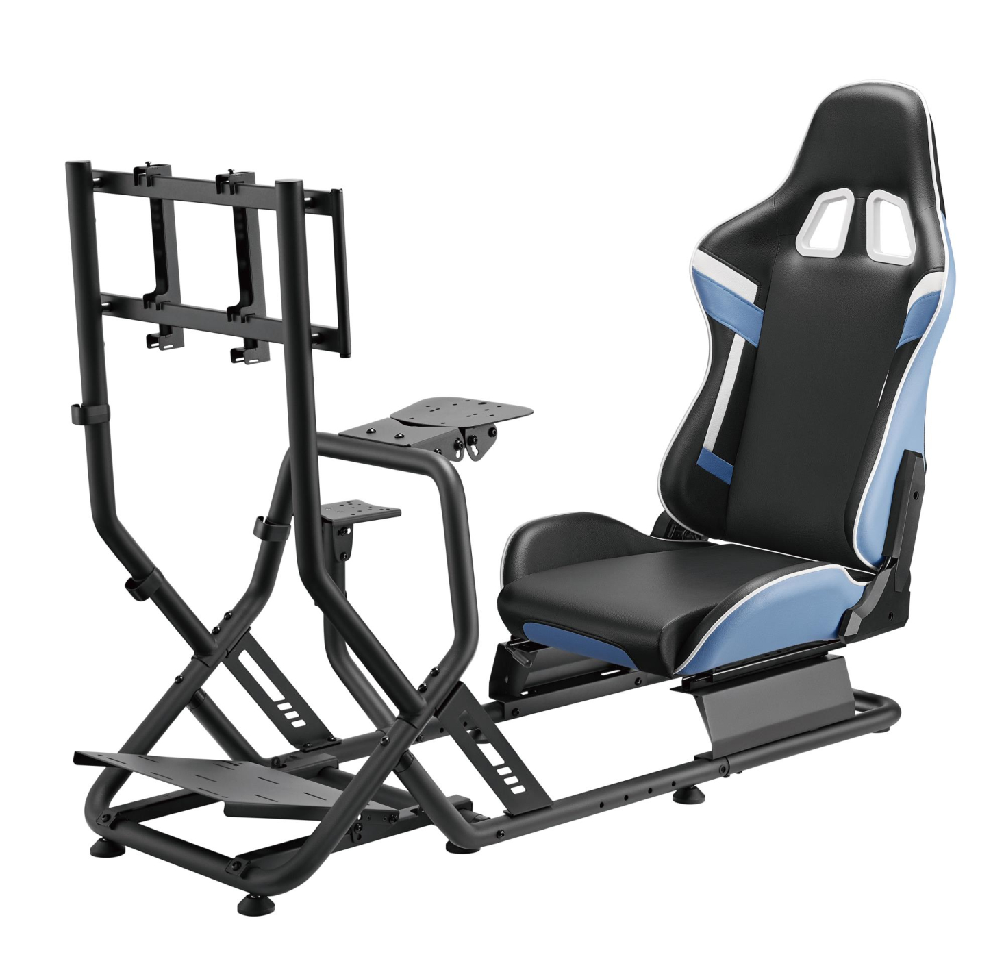 Een zwart-blauwe racingsimulatorstoel met een zwart frame.