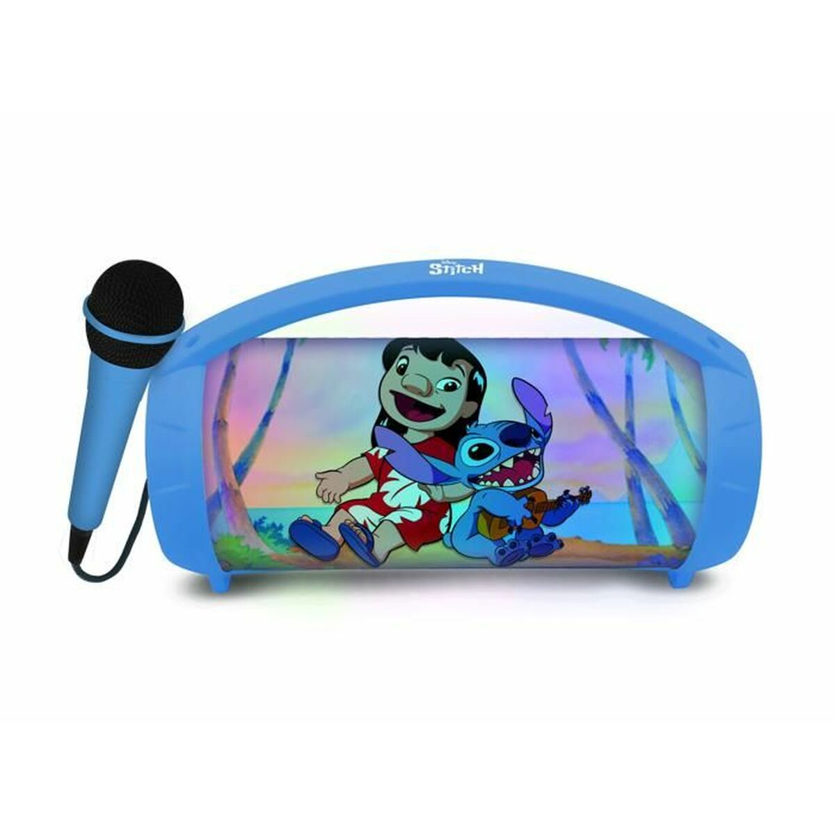 Una macchina per karaoke blu con un'immagine dei cartoni animati di Stitch e un microfono.