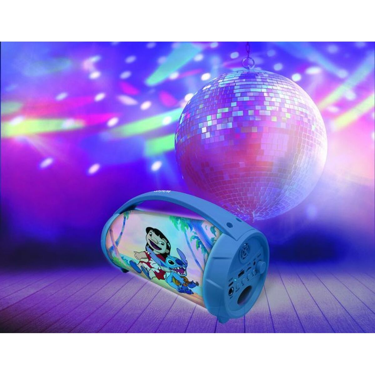 Un altoparlante blu con Stitch e uno sfondo di palla da discoteca, con vari pulsanti.