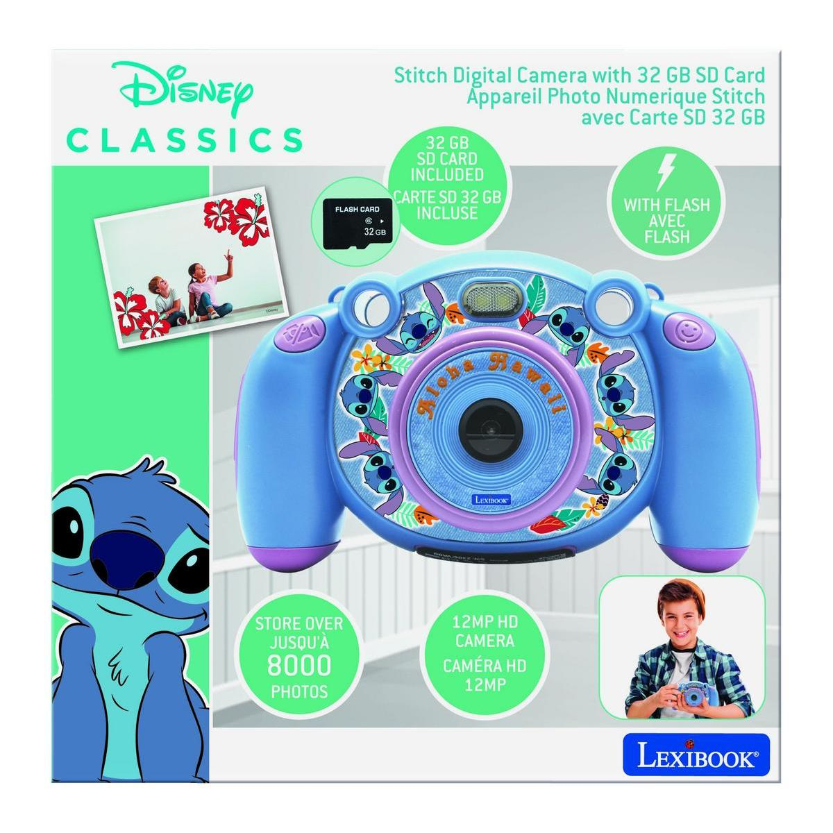 Cámara azul de Disney Stitch con una imagen de Stitch. Incluye flash y tarjeta SD.