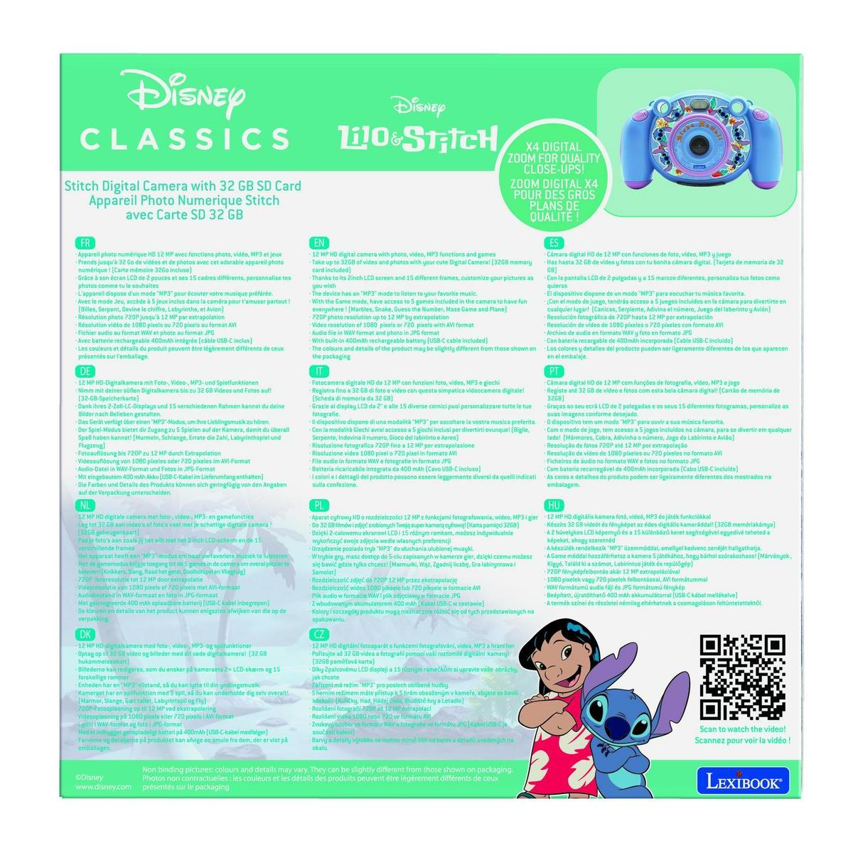 Folleto con texto en varios idiomas, con una cámara temática de Lilo & Stitch.