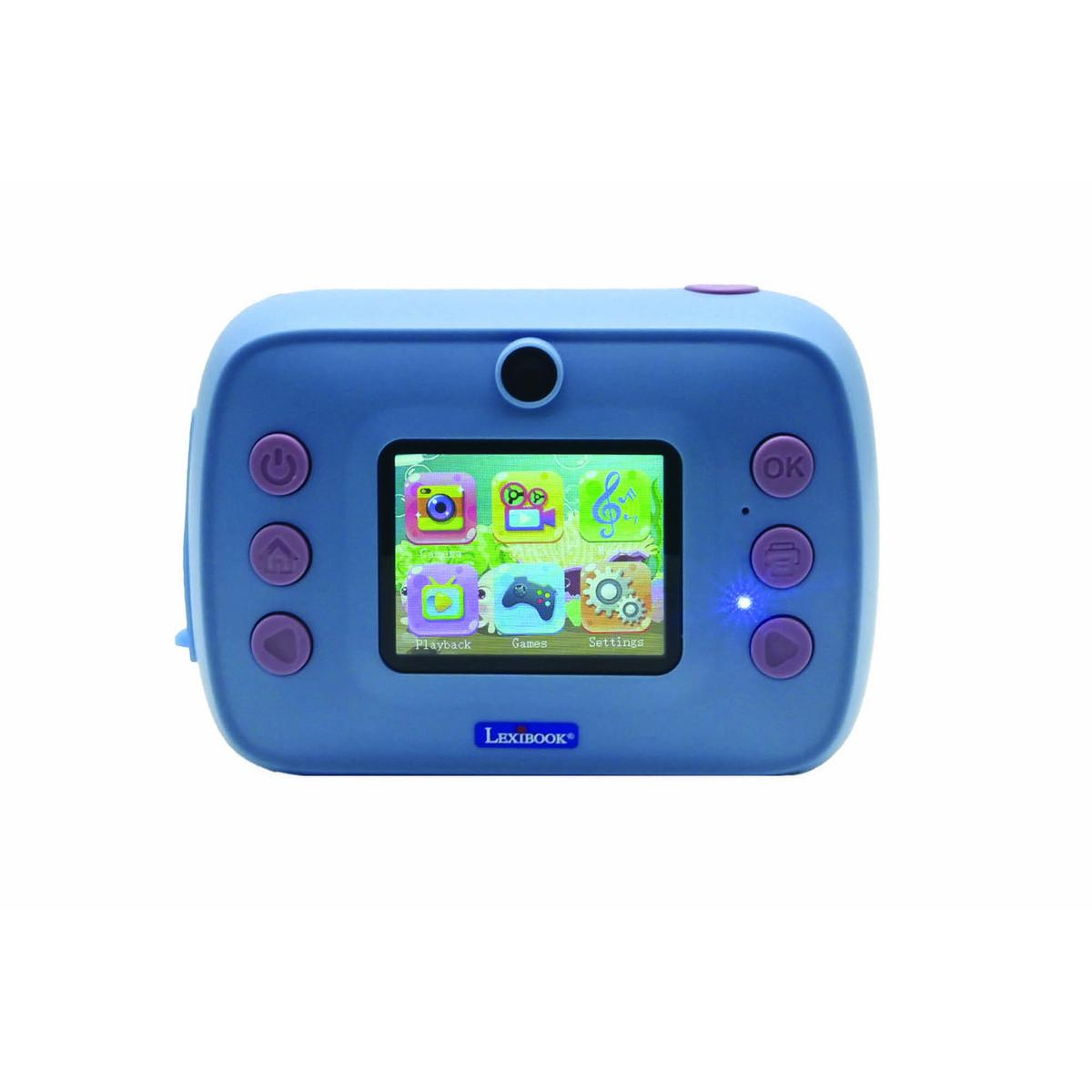 Niebieski aparat zabawka z ekranem, ikonami, przyciskami i fioletowymi przyciskami.