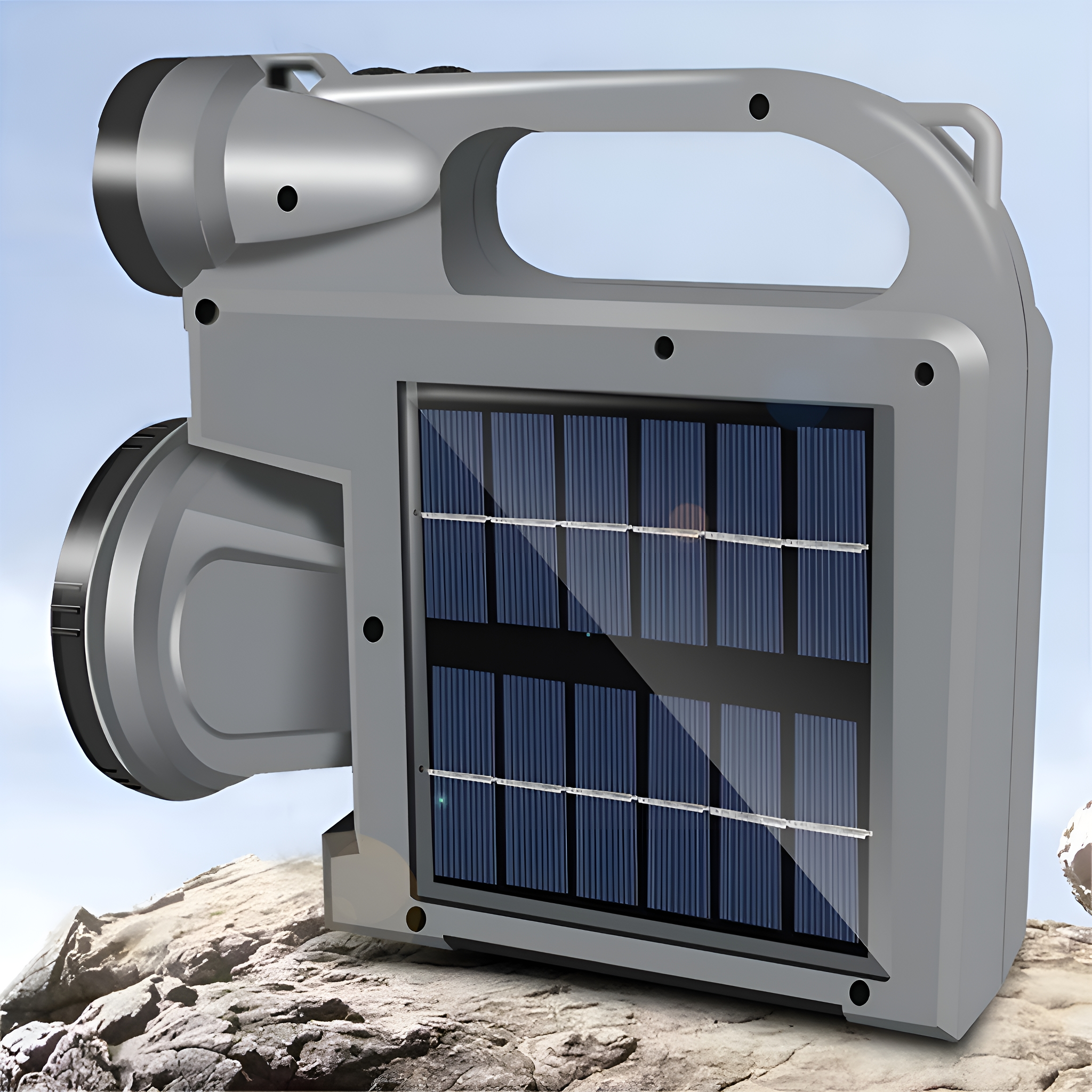 Graue solarbetriebene Taschenlampe auf Felsen, mit Griff und Solarpanel. Blauer Himmel im Hintergrund.