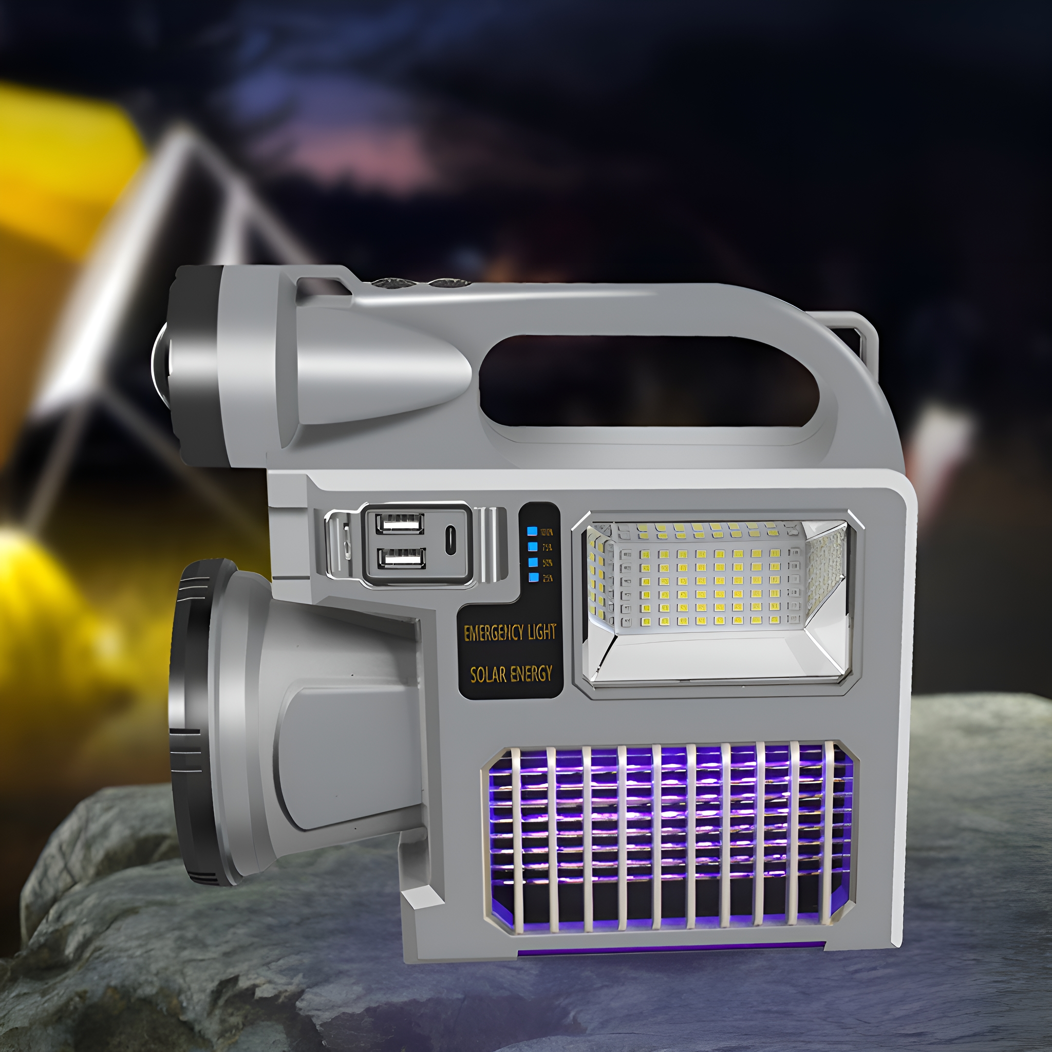 Eine solarbetriebene Notleuchte mit Taschenlampe und Insektenvernichter.