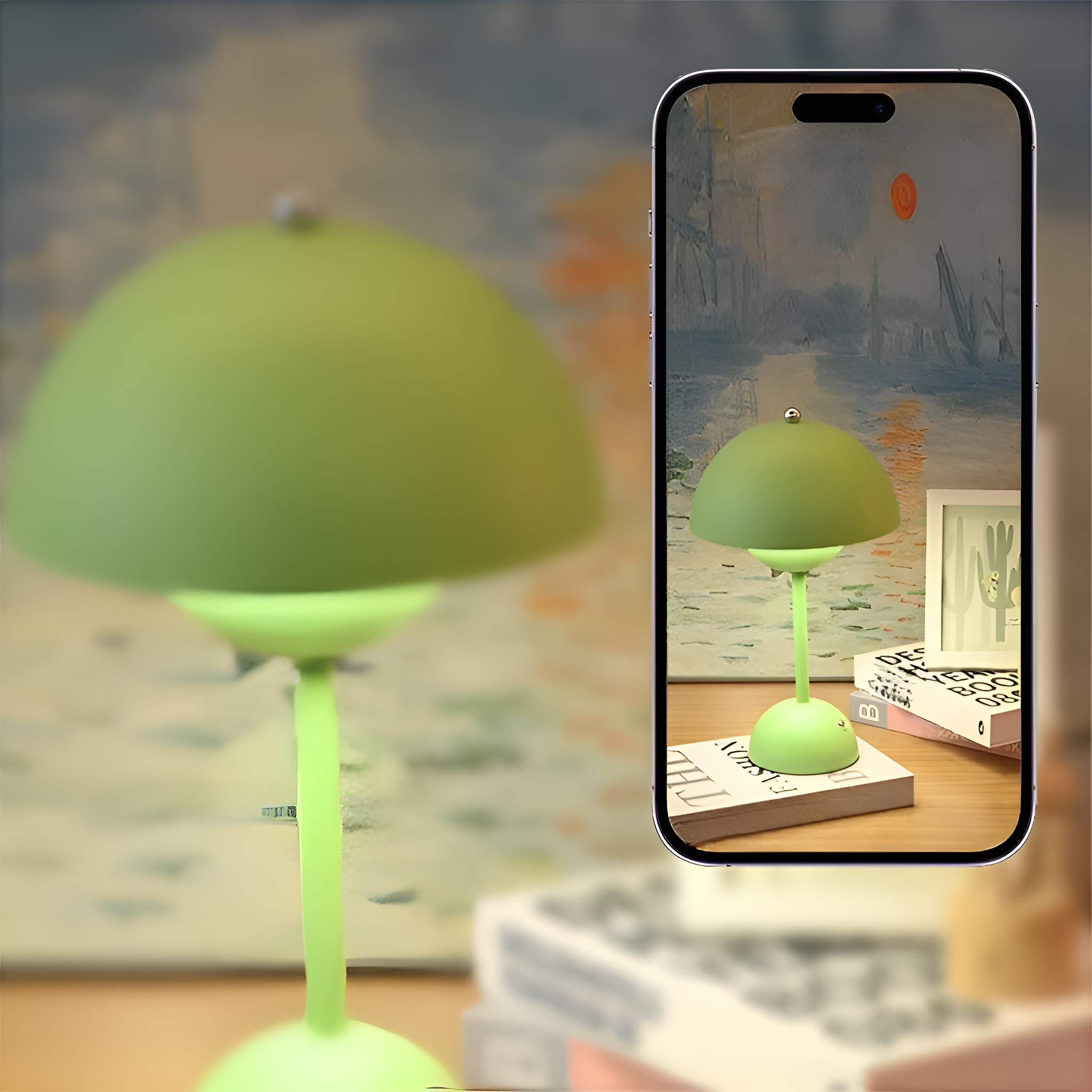 Grüne pilzförmige Lampe mit Gemälde auf dem Telefonbildschirm. Bücher liegen auf dem Tisch.