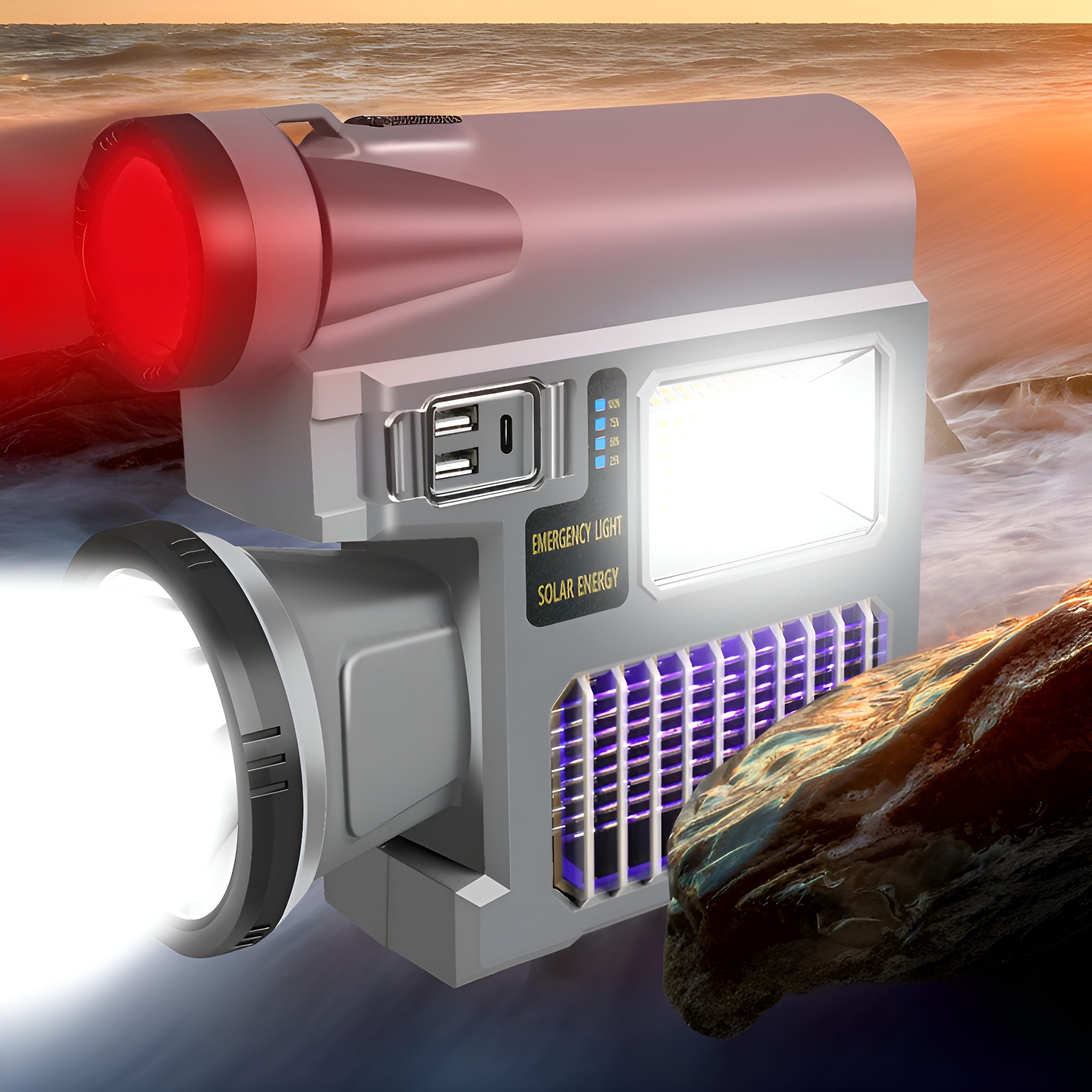 Notlicht mit Solarpanel, das ein helles und rotes Licht ausstrahlt, in der Nähe des Meeres.