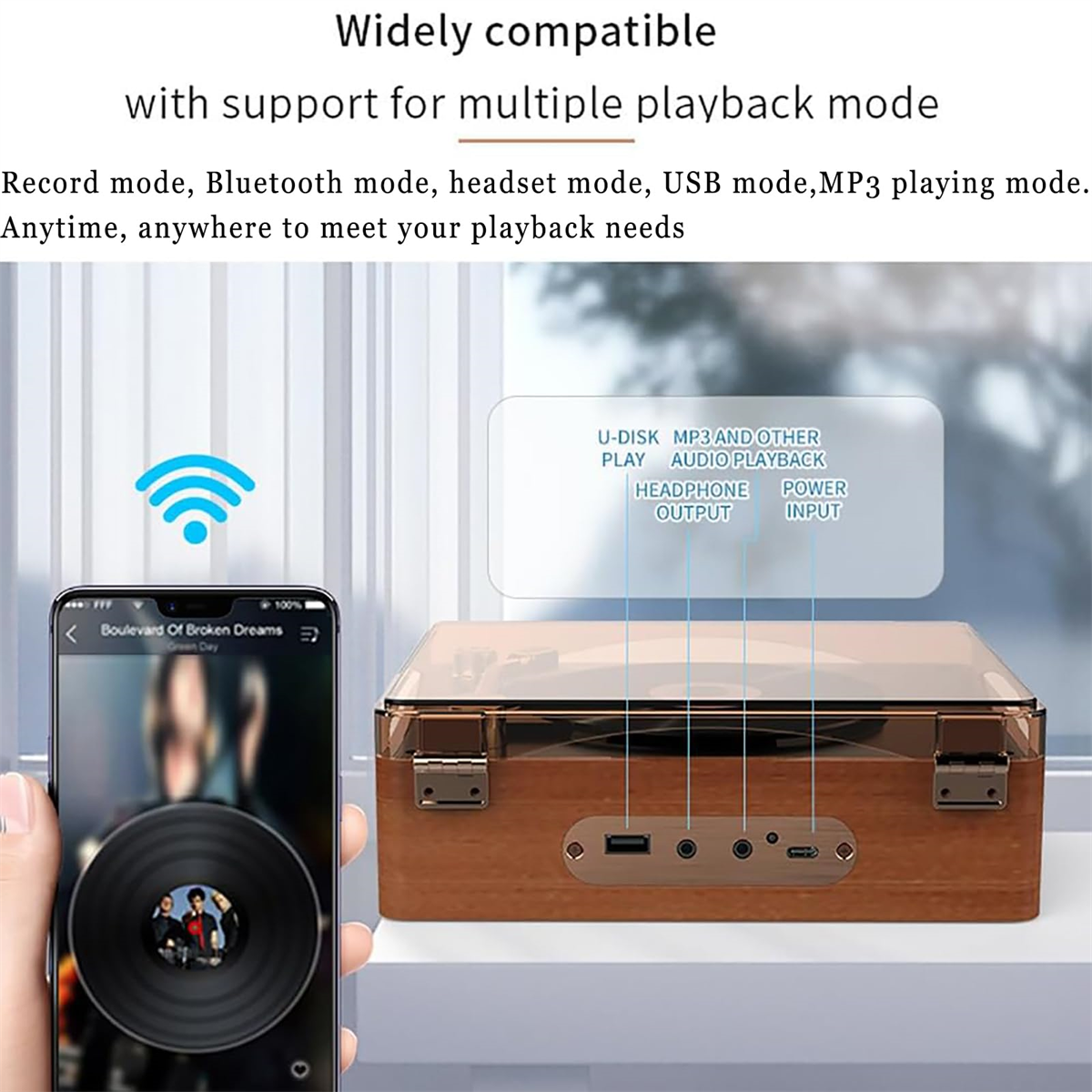 Ein Musikplayer im Holzstil mit einem Smartphone und einem Funksignal-Symbol.