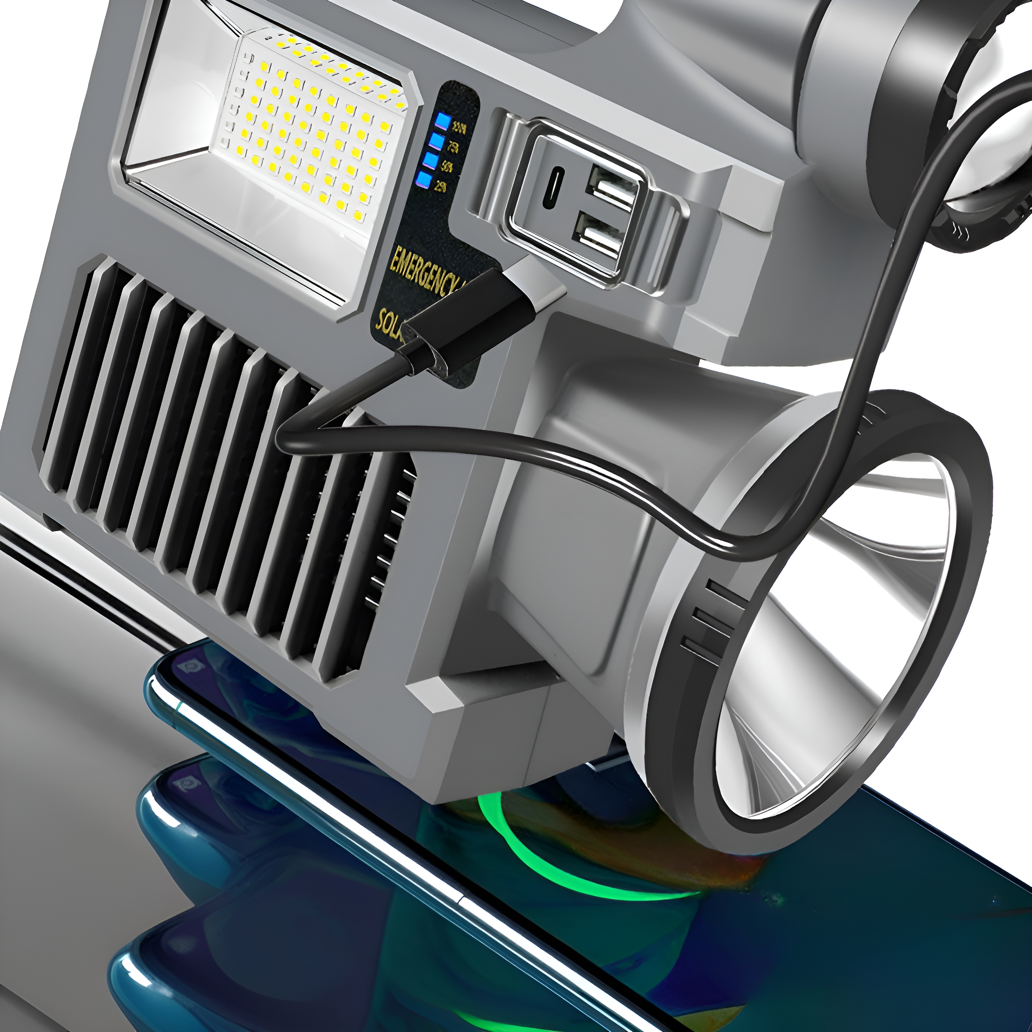 Grau-schwarze Laterne/Ladegerät. LED-Leuchten und USB-Anschlüsse. Telefone laden.