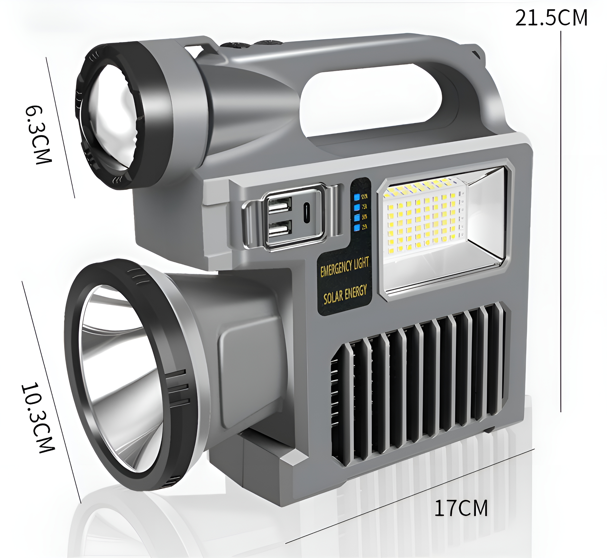Graue Taschenlampe mit Solarpanel. Mit Griff, USB-Anschlüssen und Notlicht.