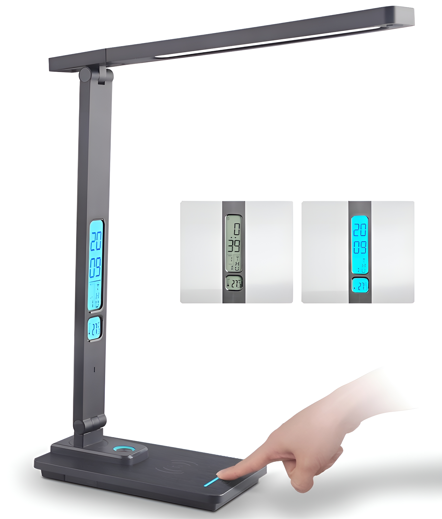 Graue Schreibtischlampe mit Digitalanzeige und einem Finger, der einen Knopf drückt. Zwei Anzeigen werden gezeigt.
