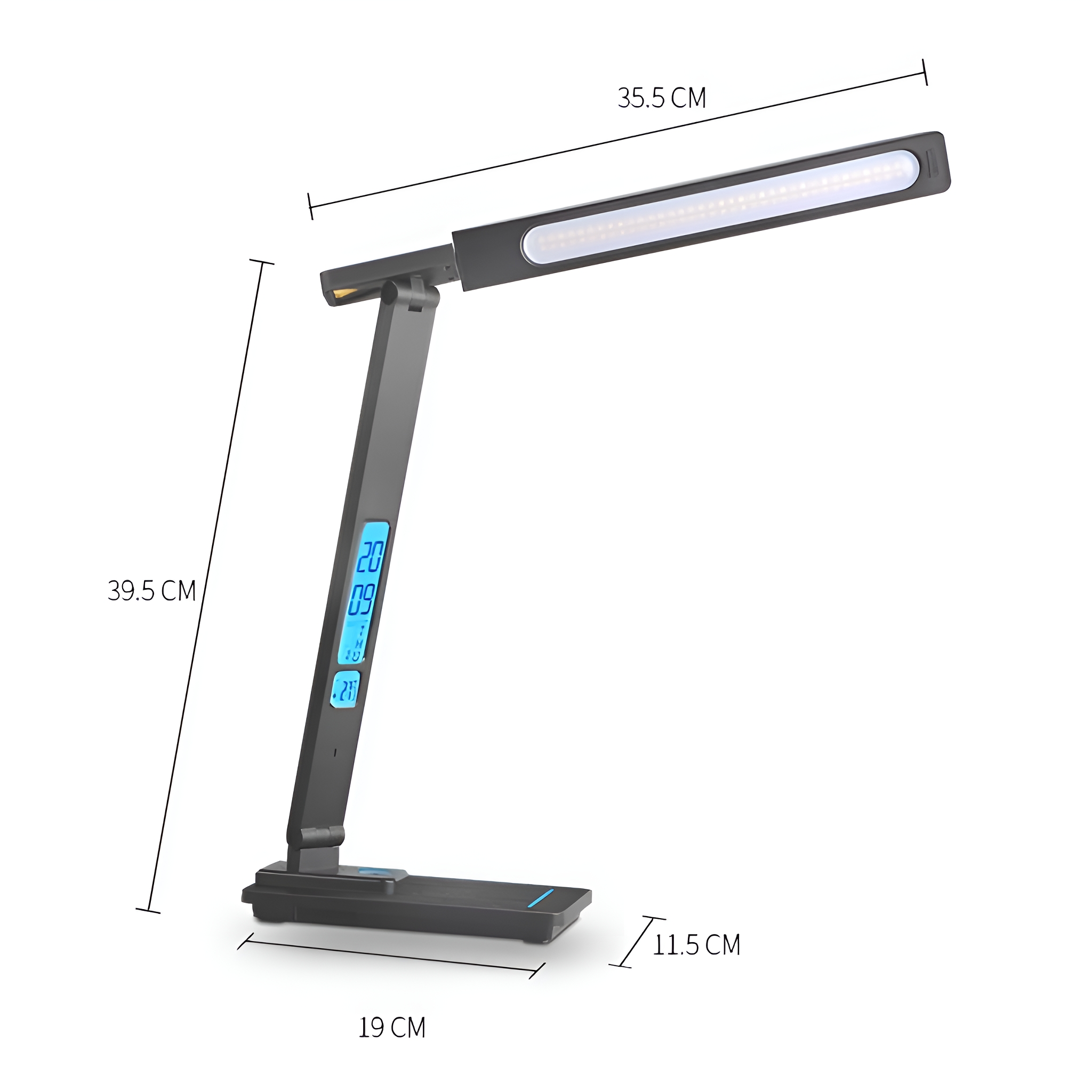 Eine schwarze Schreibtischlampe mit Digitaluhr und Abmessungen in Zentimetern.