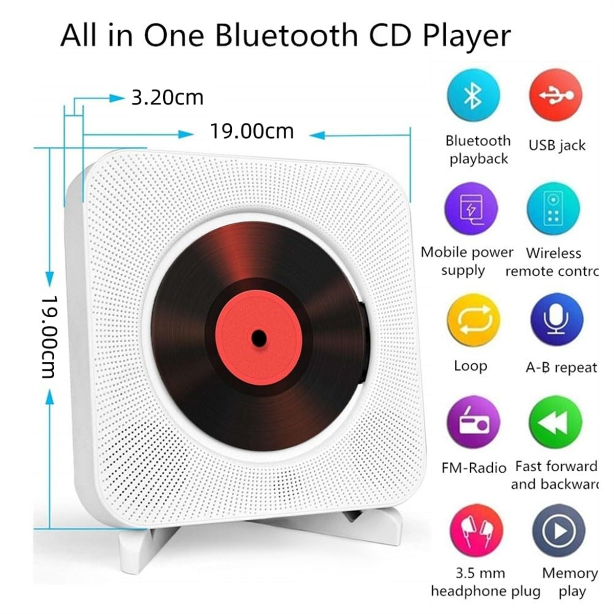 All-in-One Bluetooth CD-Player mit mehreren Funktionen: USB, UKW-Radio und Kopfhöreranschluss.