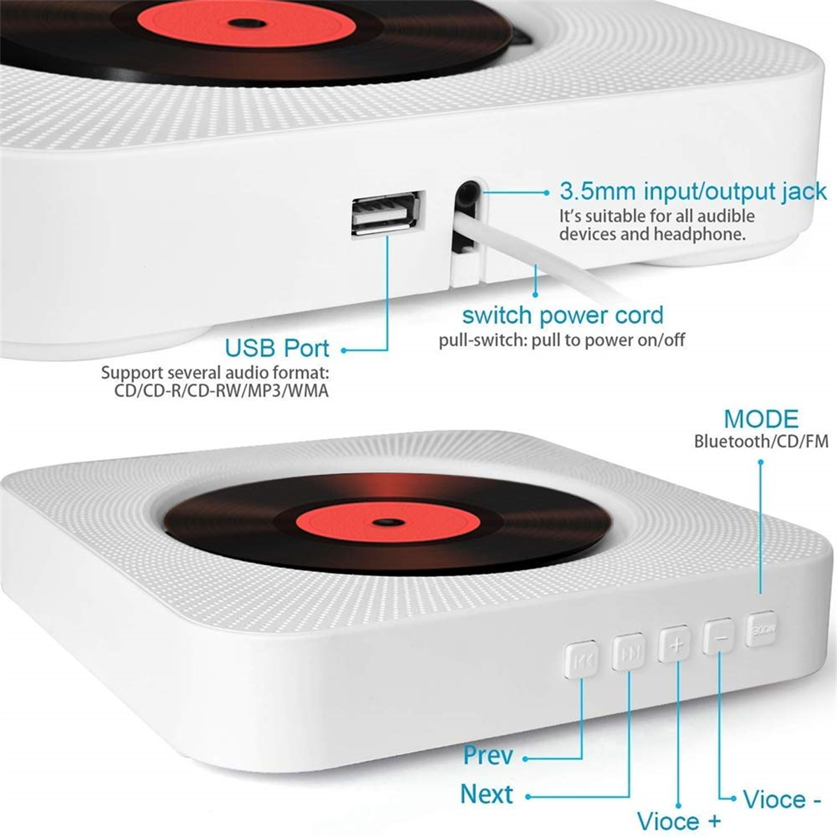 Weißer CD-Player mit Vinyl-Schallplatten-Design. Hat einen USB-Anschluss, Netzkabel und Steuertasten.