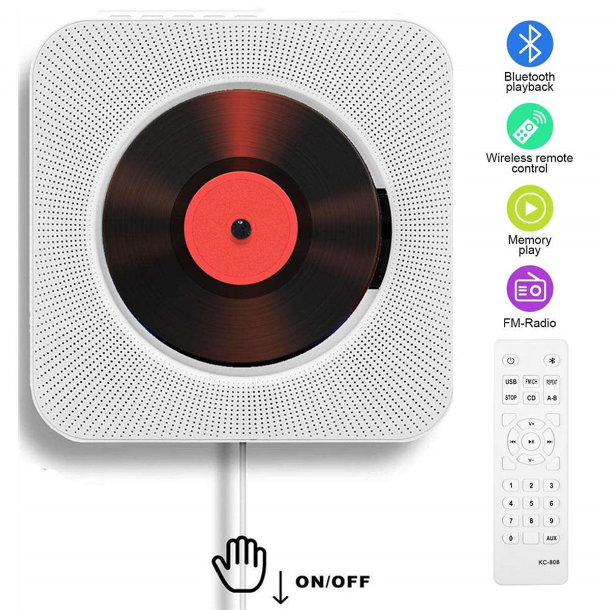 Weißer, an der Wand montierter CD-Player mit Vinyl-Schallplatte. Mit Fernbedienung und Funktionssymbolen.