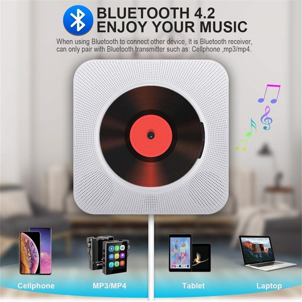 Weißes Gerät mit roter Scheibe und blauem Bluetooth-Symbol.
