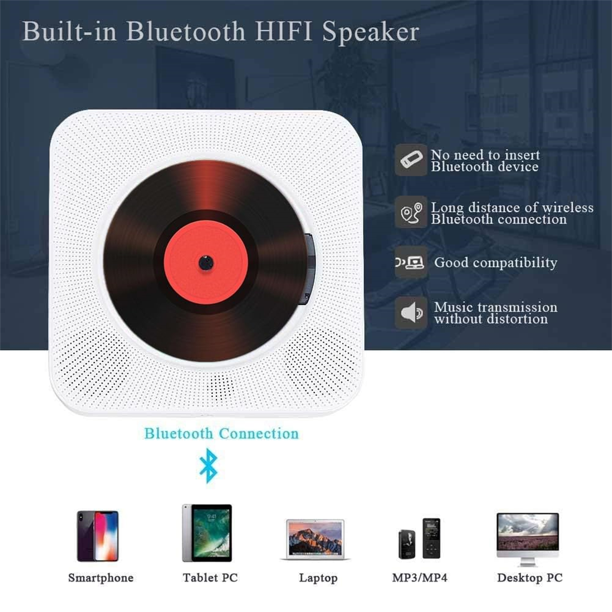 Weißer Bluetooth-Lautsprecher mit Vinyl-Schallplatten-Design und Text über seine Funktionen.