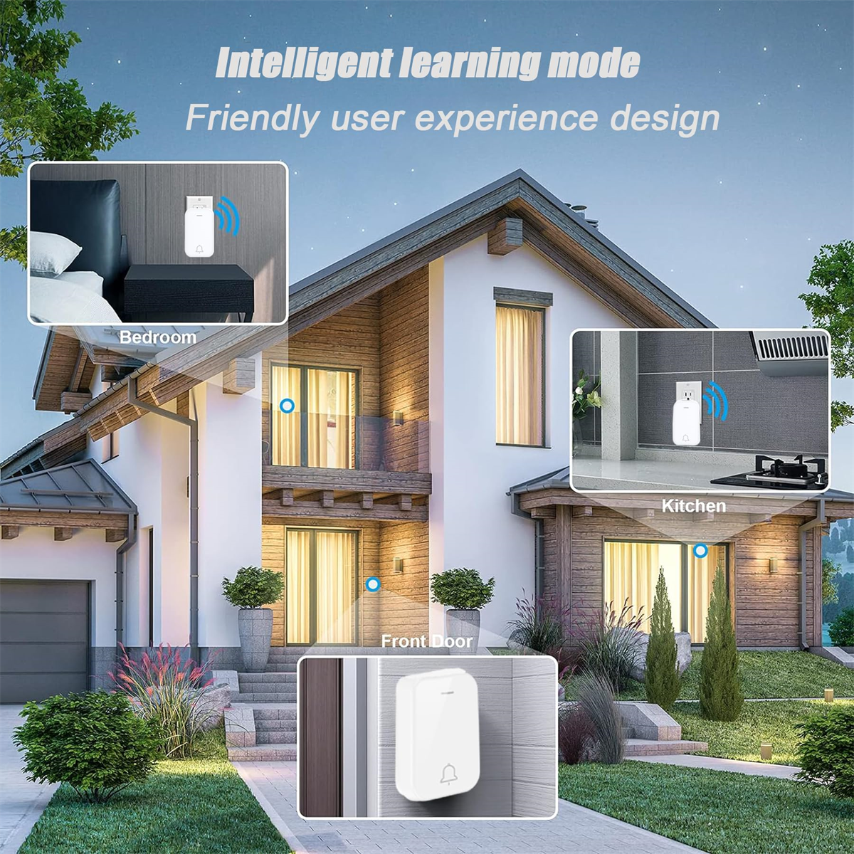 Smartes Türklingelsystem mit Haus-, Schlafzimmer- und Küchenansichten, das die Geräteplatzierung und Smart-Funktionen zeigt.