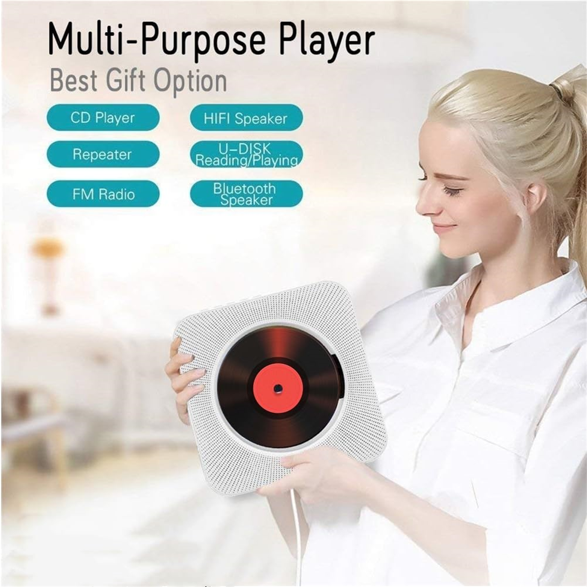 Frau hält einen weißen CD-Player mit Vinyl-Disc. Text zeigt CD-, FM- und Bluetooth-Optionen an.