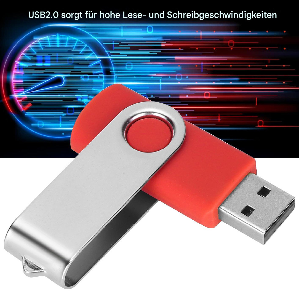 Roter USB-Stick mit silberner Metallkappe, vor technischem Hintergrund.