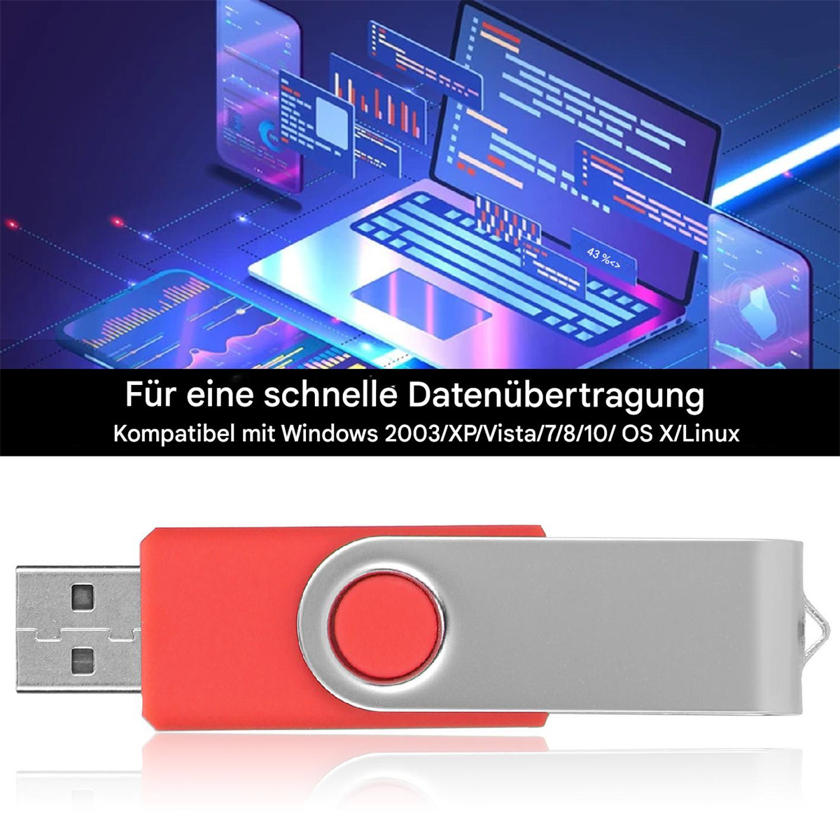 Roter USB-Stick mit grauem Ende. Hintergrund mit Computer und Coding.