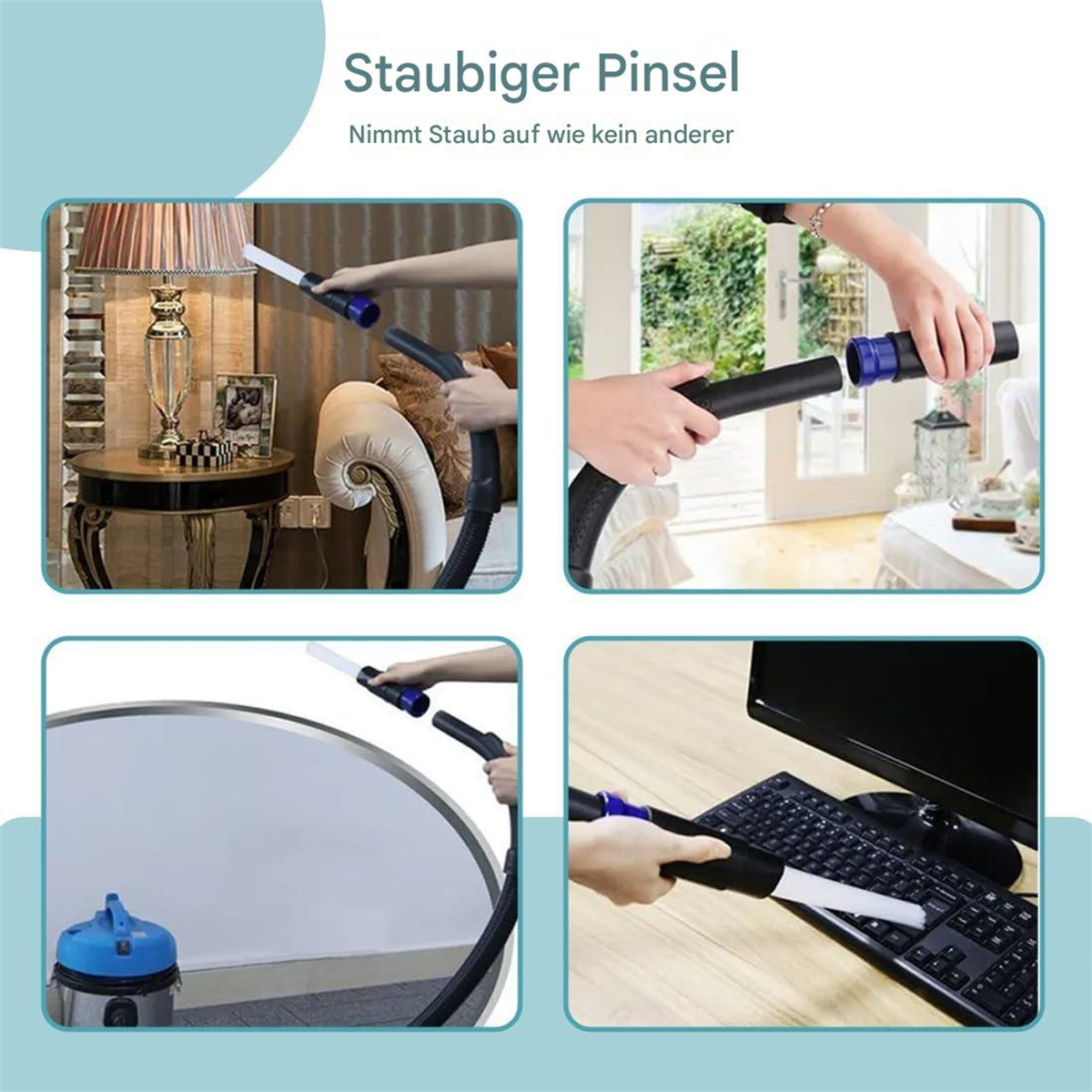 Frau reinigt mit Staubsauger und Staubpinsel.