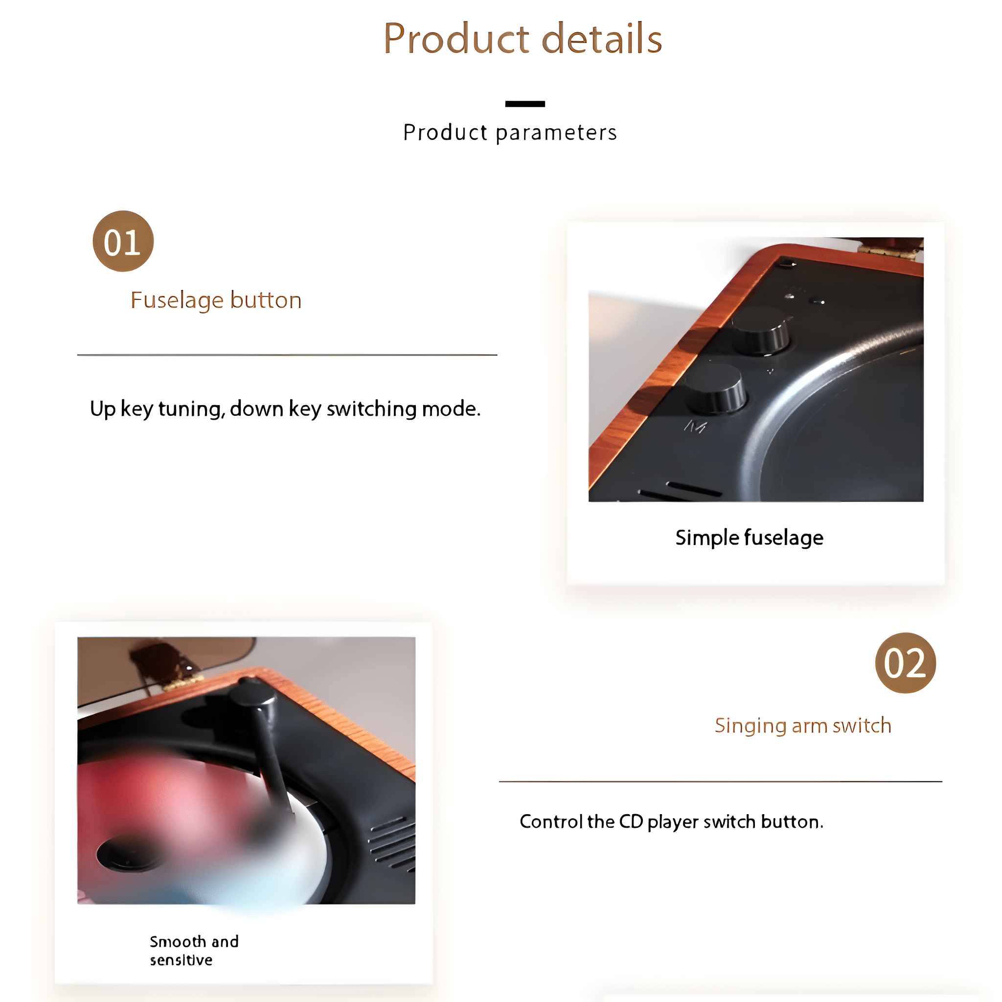 Produktdetails mit Bildern eines Plattenspielers, Tasten und CD-Player-Schalter zeigend.