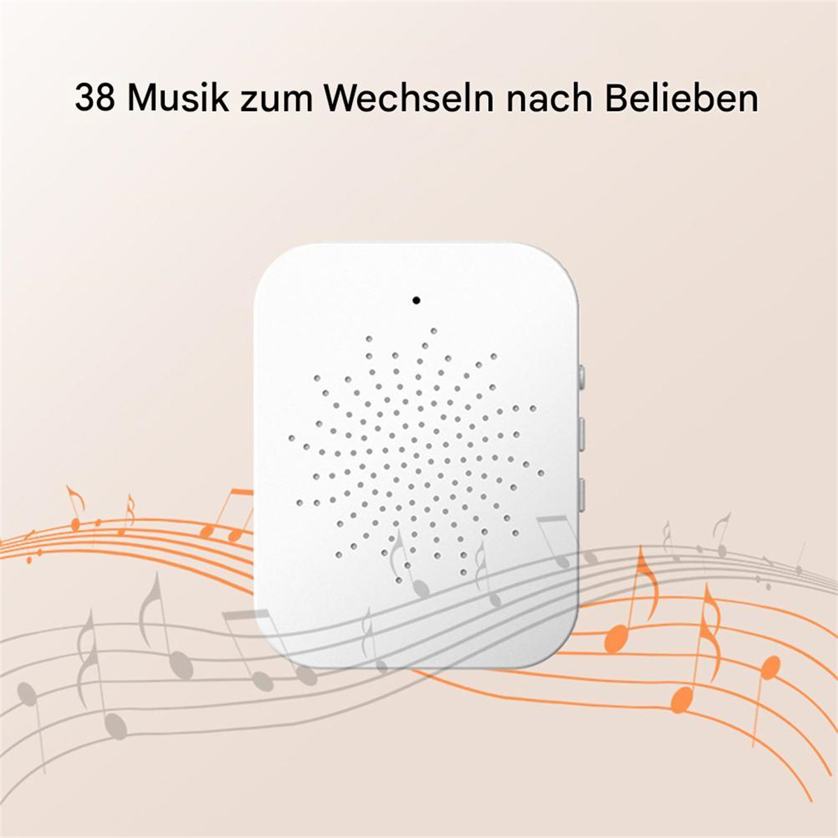 Weißer tragbarer Lautsprecher mit Lautsprechergitter. Musiknoten und Textüberlagerung.