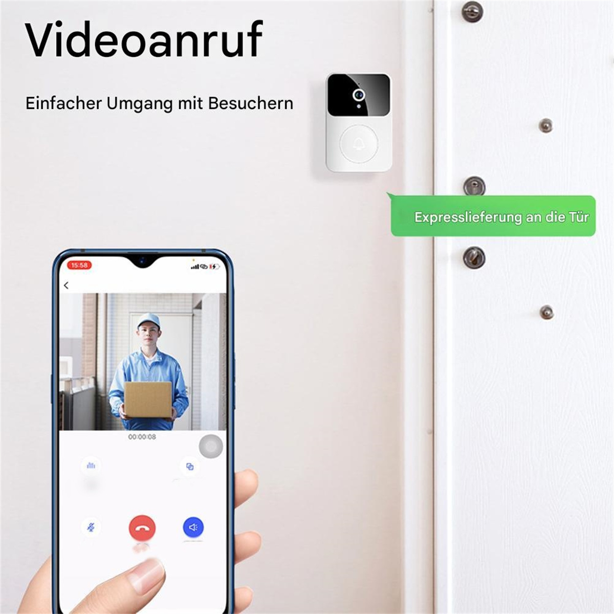 Mann auf Telefonbildschirm, Türklingel und Nachricht zur Lieferung.