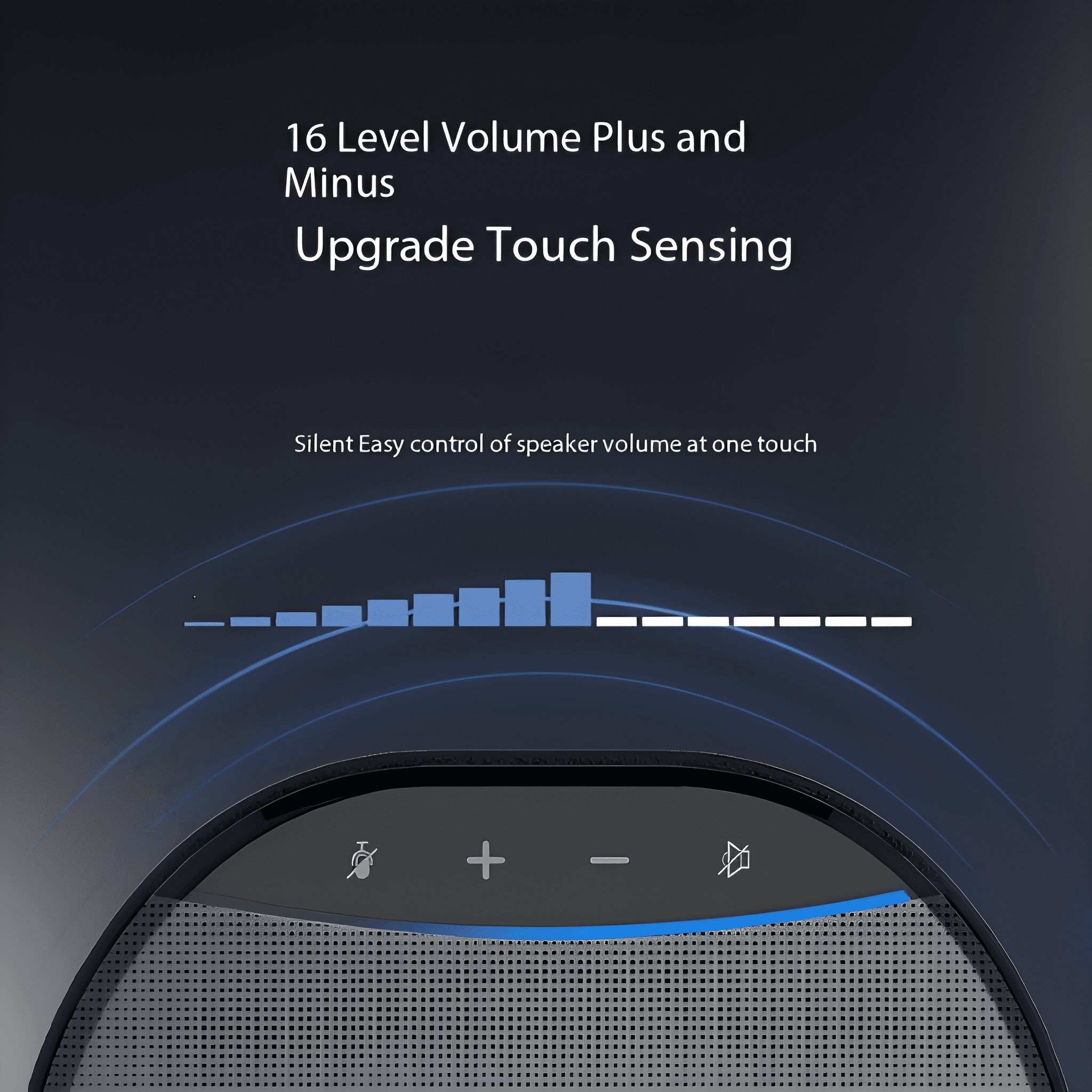 Ein Lautsprecher mit Lautstärketasten und einer Grafik, die Schallwellen zeigt. Text lautet: 'Upgrade Touch Sensing'.