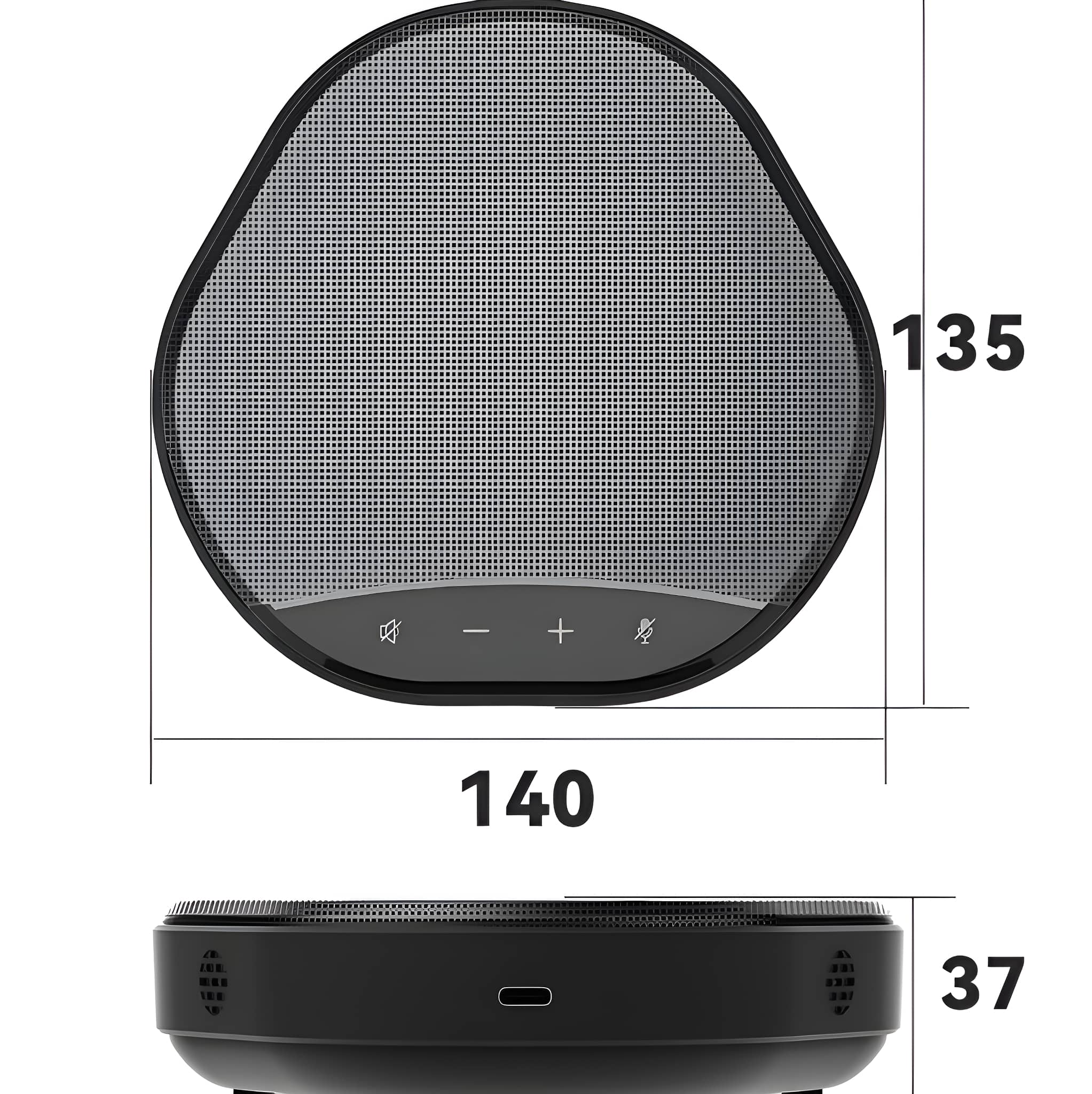 Ein schwarzer, oval geformter Lautsprecher mit einem Mesh-Front und Abmessungen. Es ist auf weißem Hintergrund.