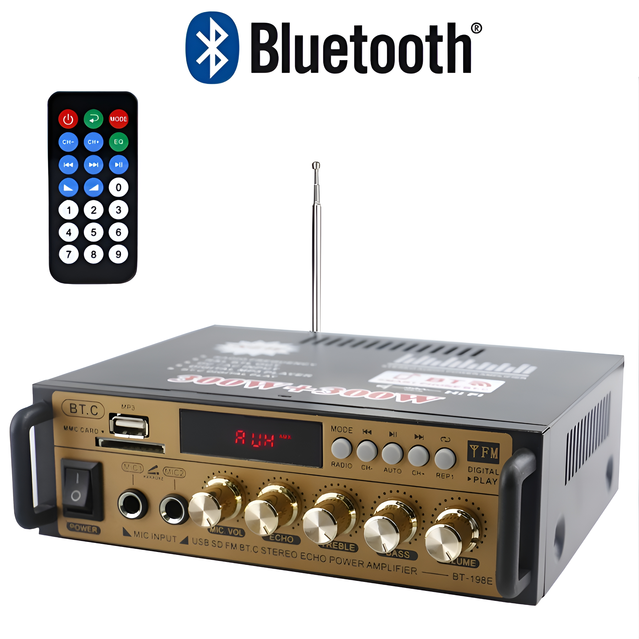 Schwarzer und goldfarbener Audioverstärker mit Fernbedienung. Er hat Drehregler und ein Display mit 'AUX'. Bluetooth-Logo.