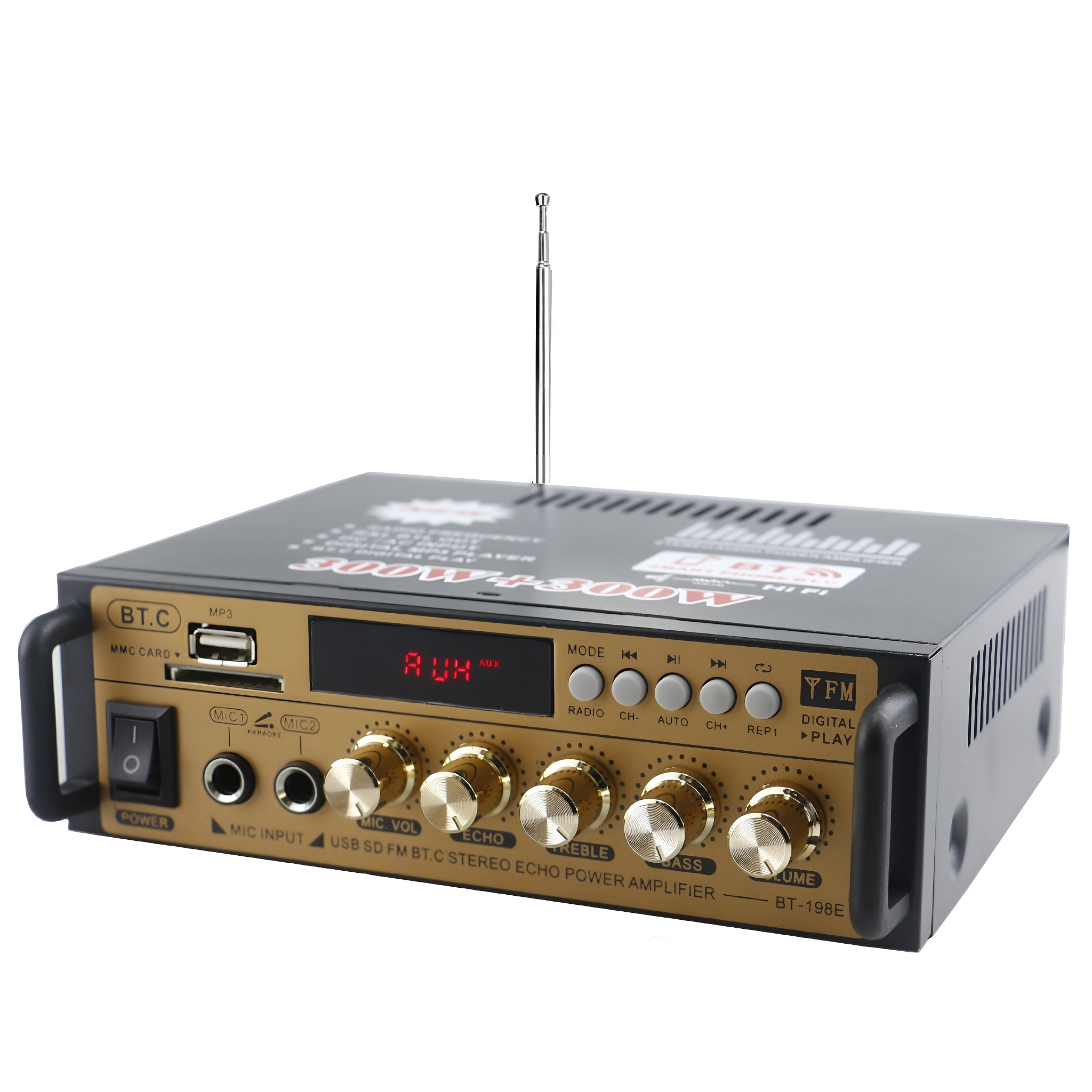 Ein schwarzer und goldener Audioverstärker mit mehreren Knöpfen, Tasten und einem Display. Eine Antenne befindet sich oben.
