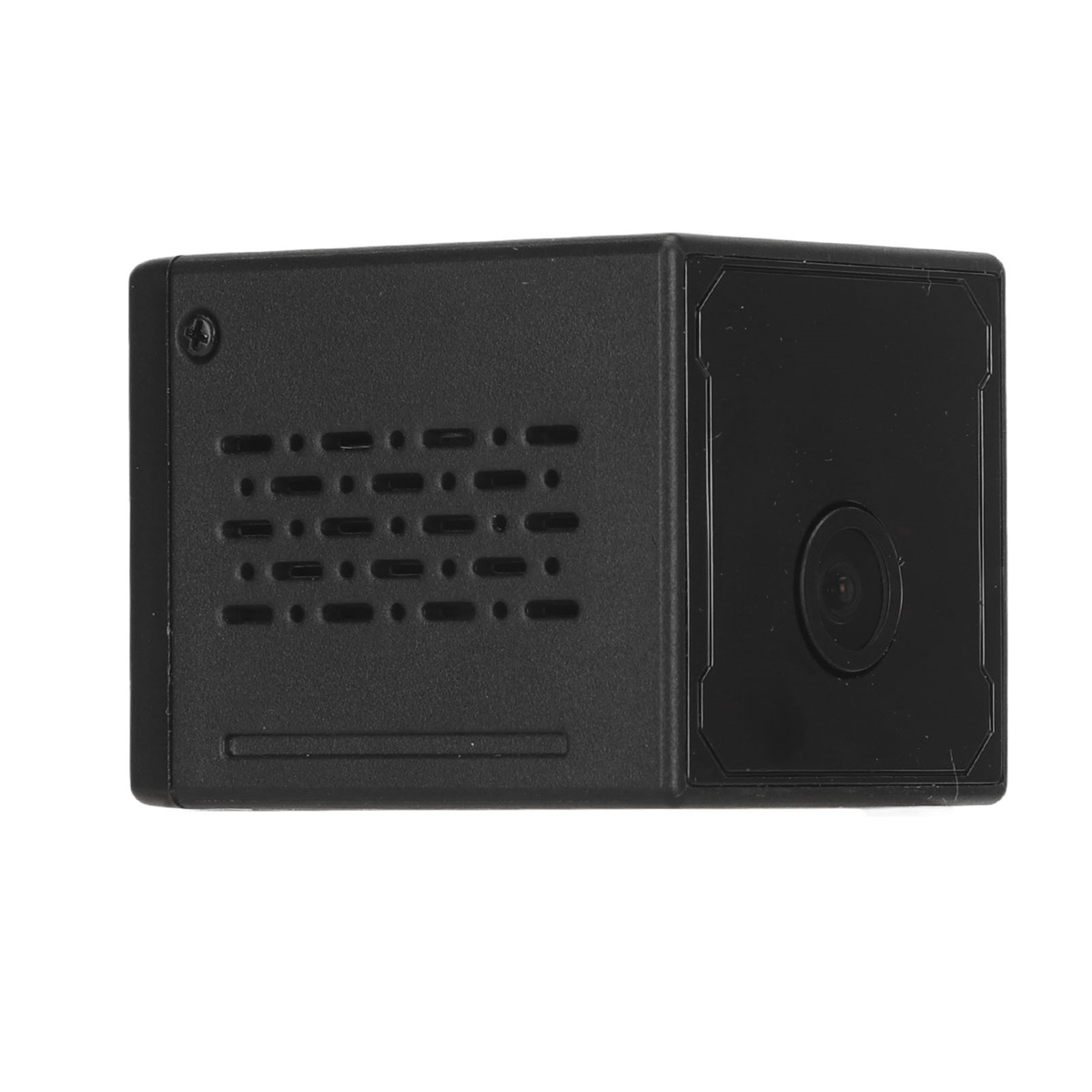 Eine kleine schwarze Box mit einem Objektiv. Es hat kleine Löcher und liegt auf einer weißen Oberfläche.