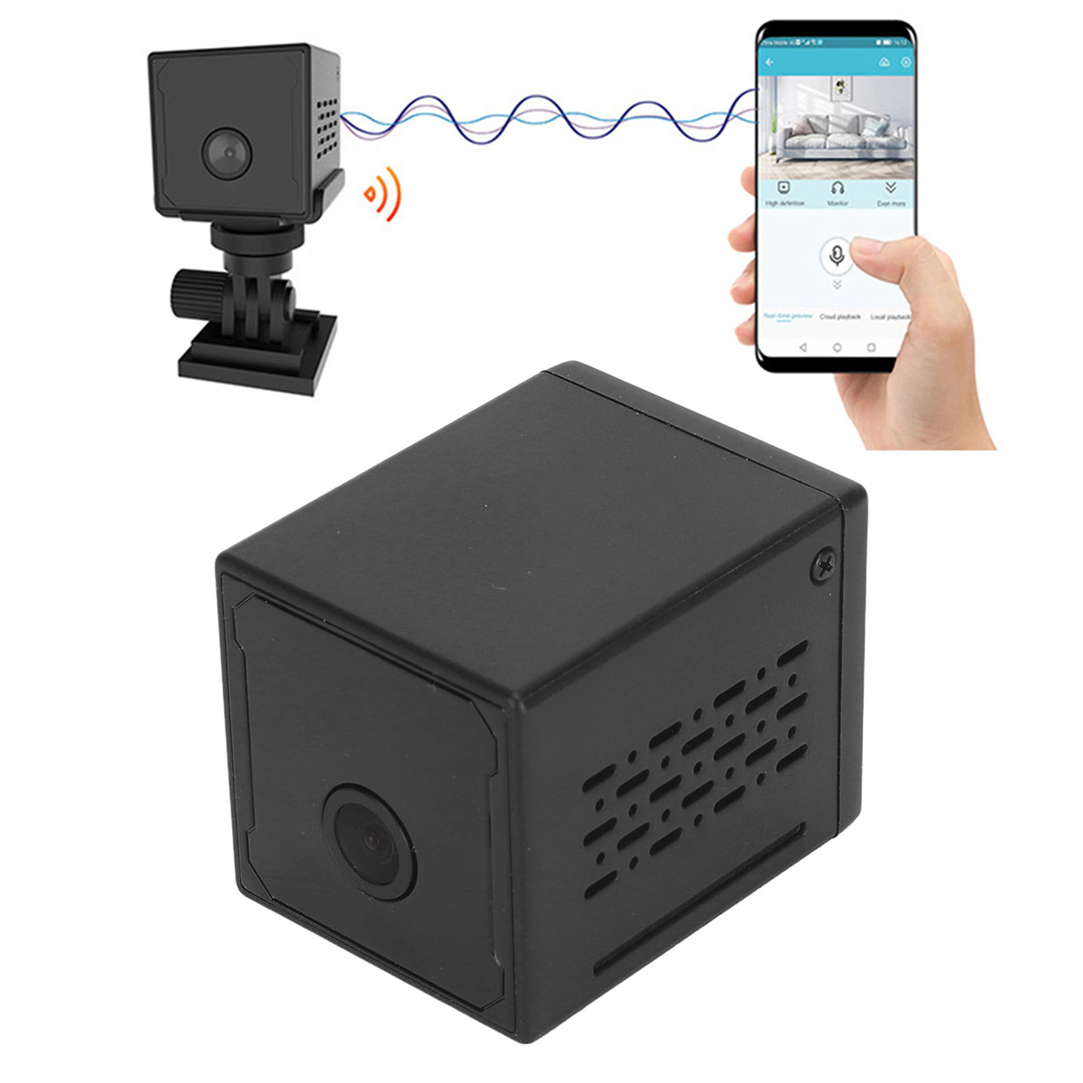 Eine schwarze Würfel-Sicherheitskamera mit einem Telefon, das die Live-Ansicht der Kamera anzeigt.
