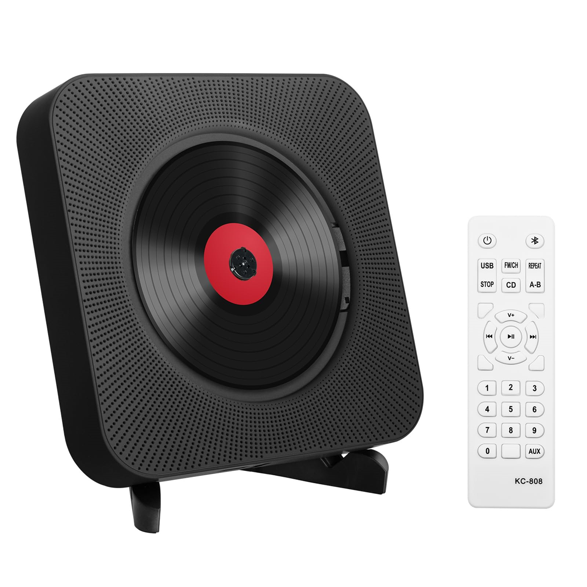 Ein schwarzer CD-Player mit einem roten Kreis in der Mitte. Eine Fernbedienung befindet sich rechts davon.