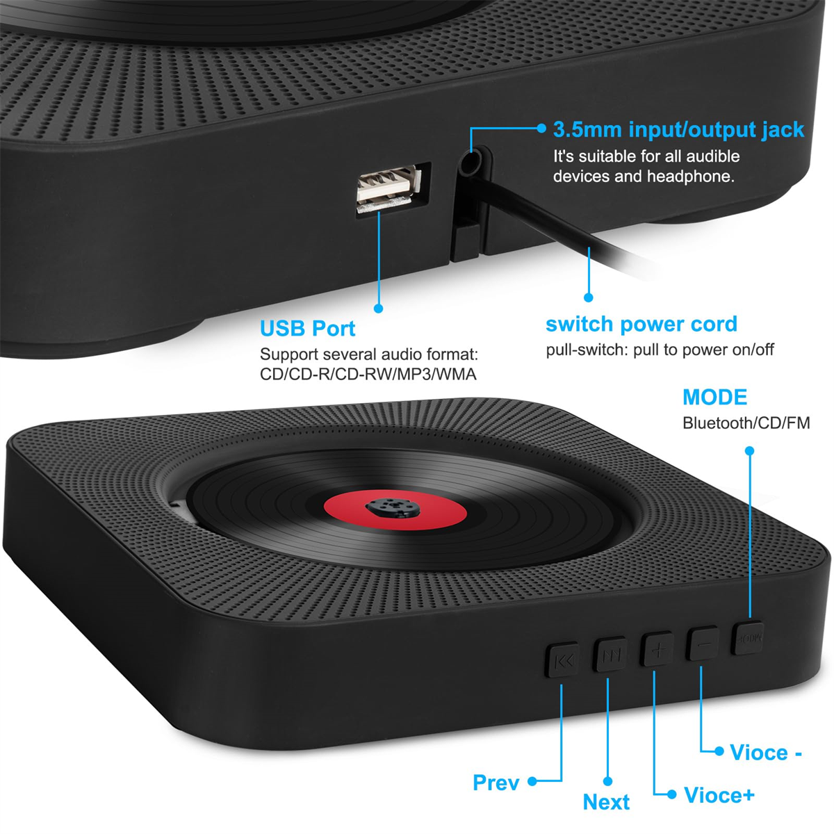 Schwarzer Retro-Lautsprecher mit USB-Anschluss, 3,5-mm-Buchse und Bedientasten. Beschriftungen zeigen USB- und Audiofunktionen.