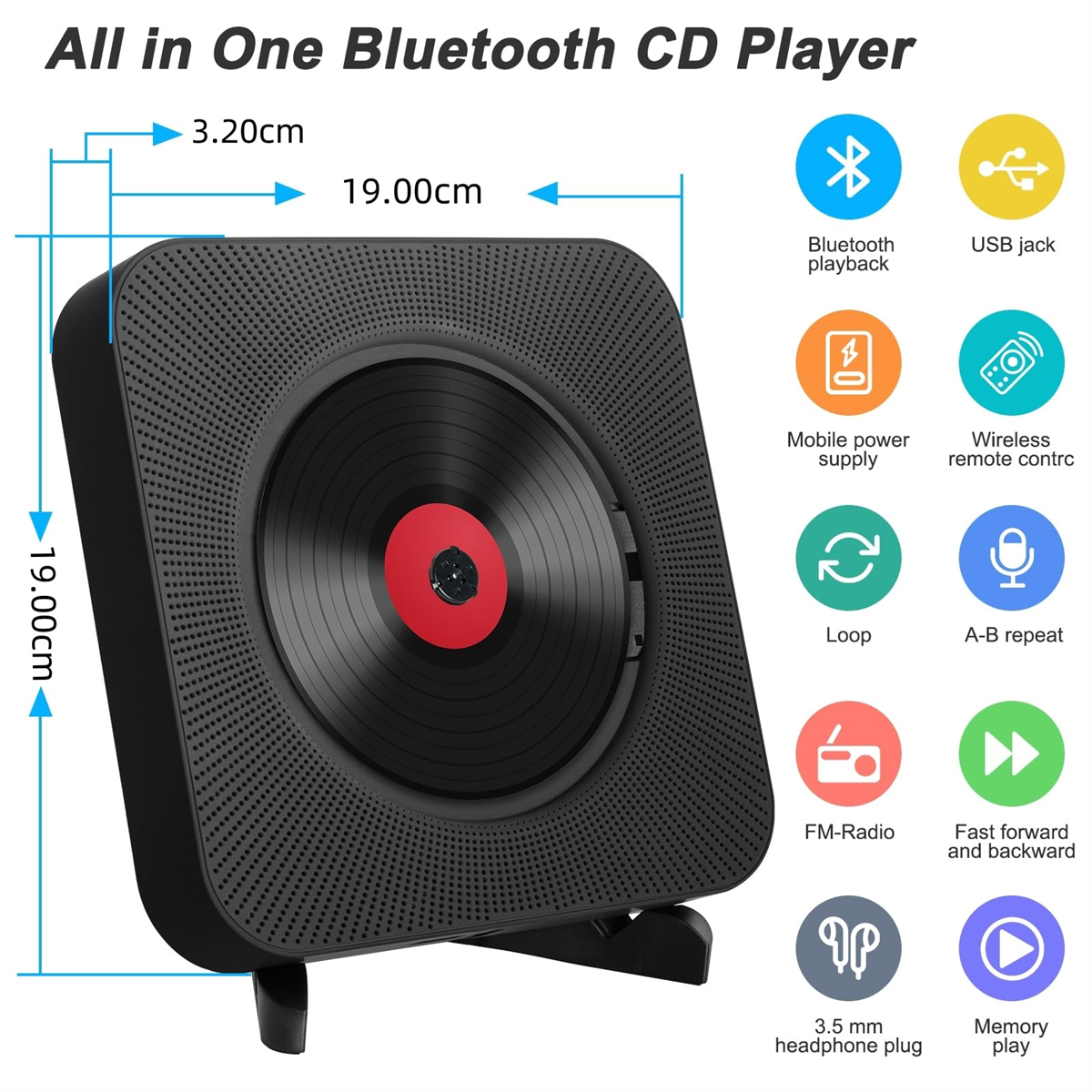 Schwarzer CD-Player mit beschrifteten Abmessungen, Bluetooth, UKW-Radio und verschiedenen Funktionssymbolen.