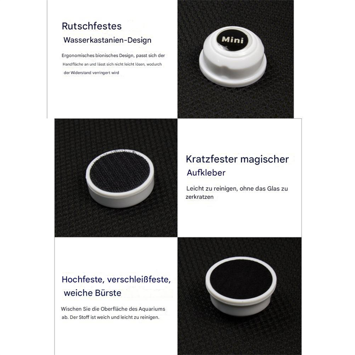 Weiße Aquarienreinigerteile mit Text. Schwarzer Hintergrund, Nahansicht.