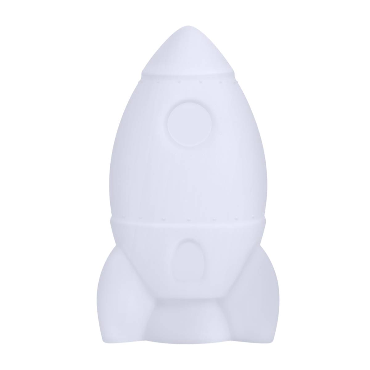 Pokazana jest biała lampa w kształcie rakiety, z zaokrąglonym korpusem i spiczastą górą.