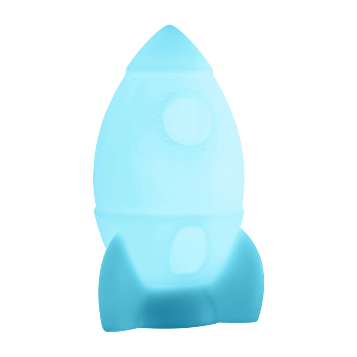 Niebieska świecąca lampa w kształcie rakiety, stojąca na białym tle.