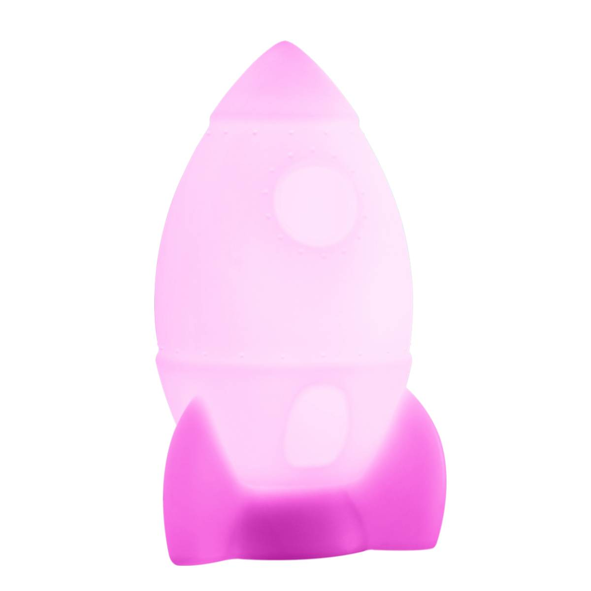 Różowa lampa w kształcie rakiety. Projekt ma zaokrąglony wierzch i płetwy na dole.