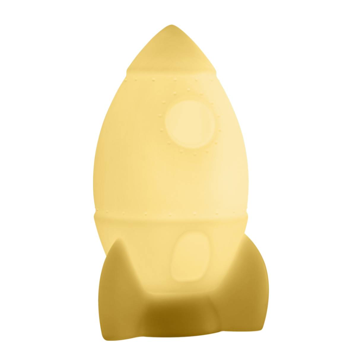 Żółta lampa w kształcie rakiety z bulajami, stojąca na białym tle.