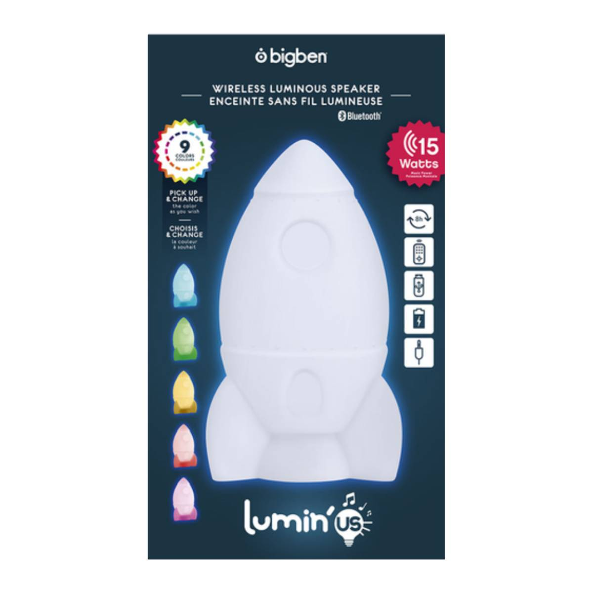 Biały głośnik w kształcie rakiety z wielokolorowymi światłami i logo Bluetooth. Tekst: Bezprzewodowy głośnik świetlny.