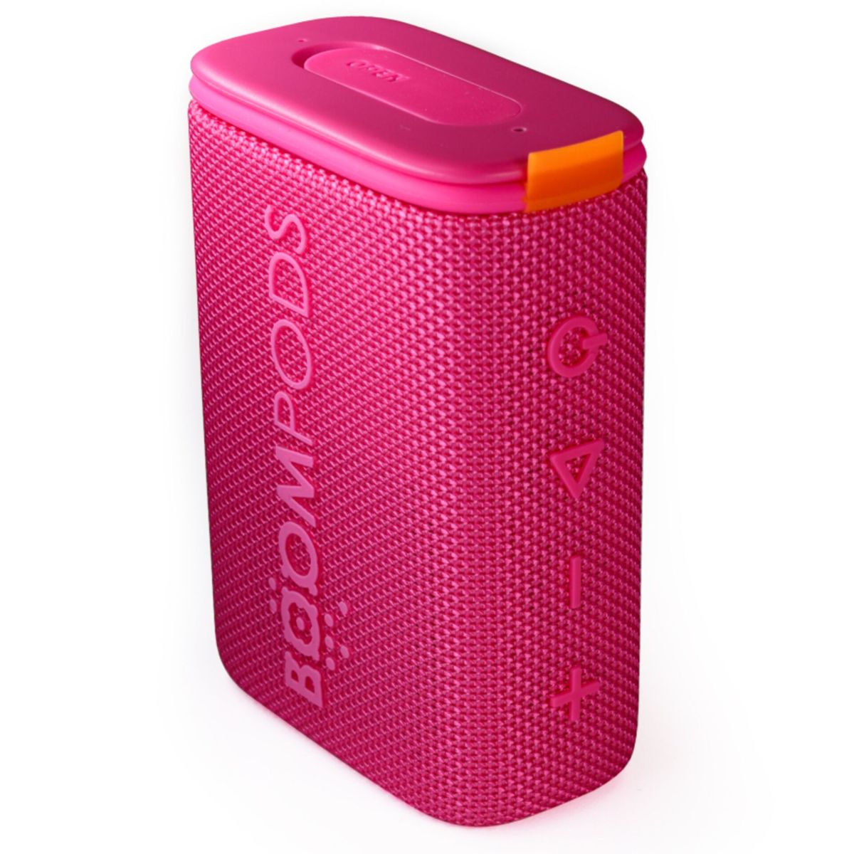 Rosa rechteckiger Lautsprecher mit weißem Text 'BOOMPODS'. Es ist ein Mesh-Material mit Bedienelementen an der Seite.