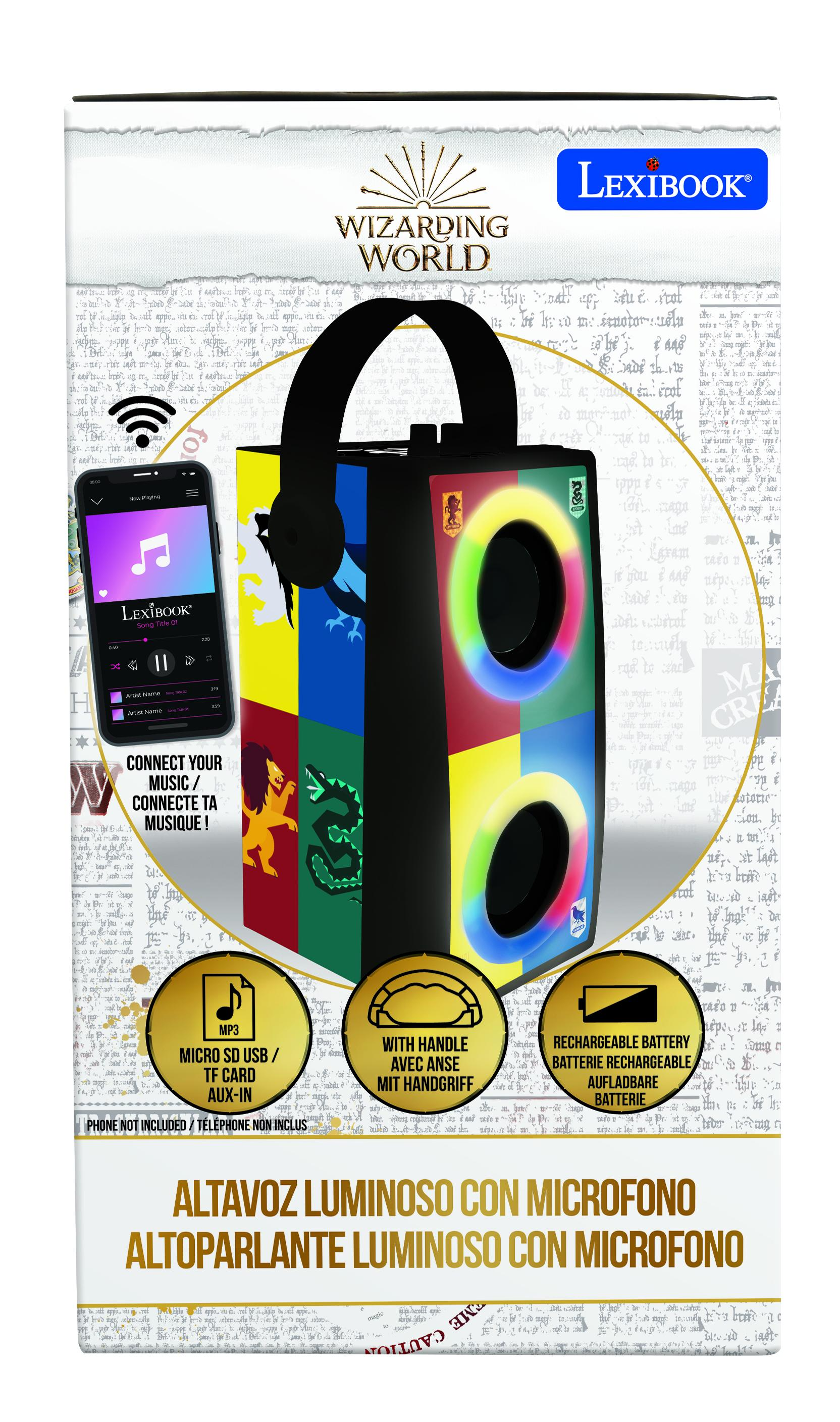 Altavoz temático de Harry Potter con teléfono mostrando música y logo Lexibook.